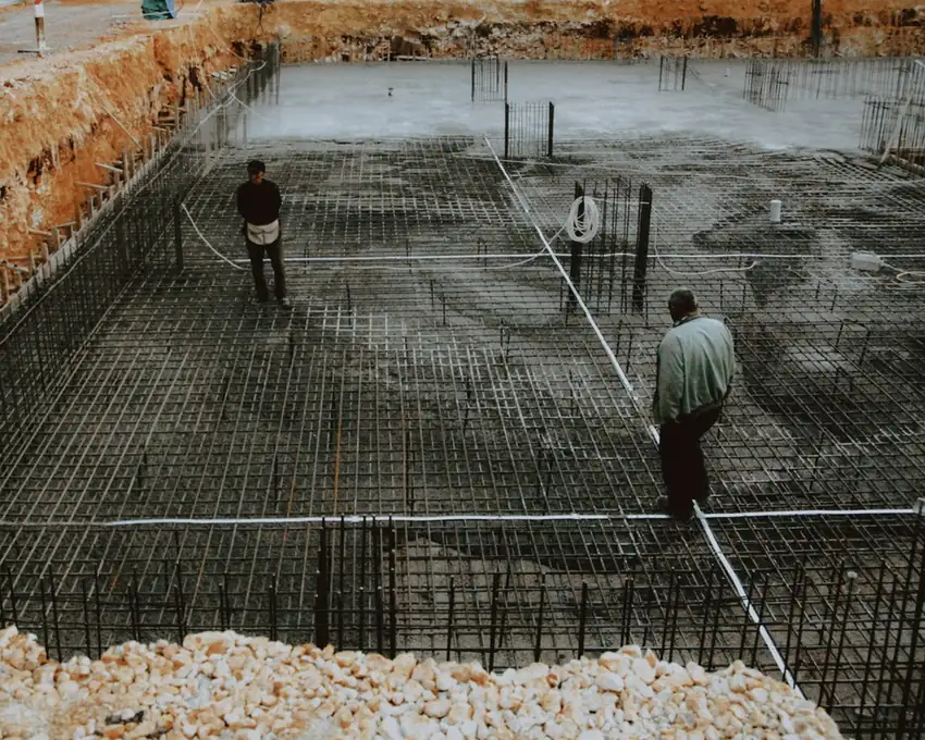 Reinforcing bar tied out in a grid across a prepared area before a pour