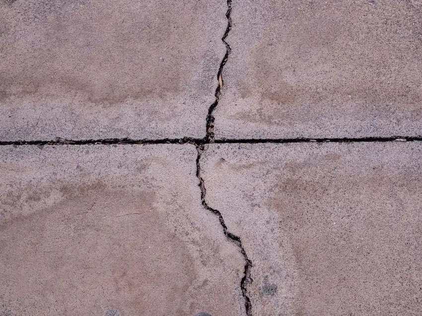 A cracked and weathered section of old concrete paving