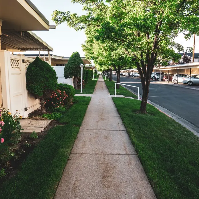 A narrow poured concrete walkway running between clipped lawn edges
